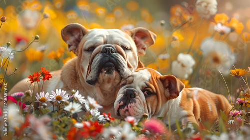 Cinematic photograph of english bulldog and baby in a field full of colorful blooming flowers. Mother's Day.