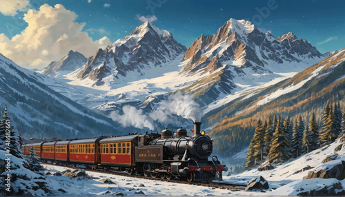 Journey through the winter wonderland with a steam locomotive and snowy mountain range in background.
