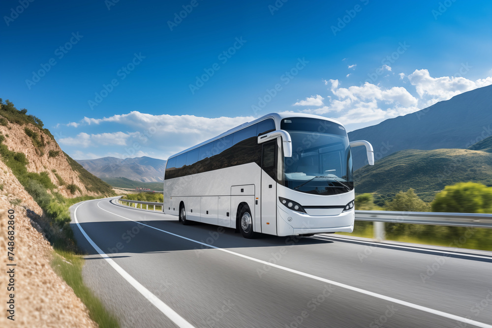 White coach bus traveling on a highway with panoramic mountain views. Comfortable and efficient transportation.