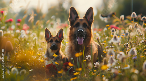 Cinematic photograph of German sheppard dog and baby in a field full of colorful blooming flowers. Mother's Day.