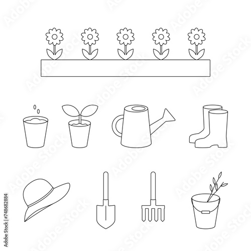 Set of items for gardening. Contour drawing isolated on white background. Vector illustration with editable stroke. Various agricultural and garden tools for spring work. 