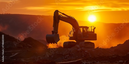 Golden sunset illuminates heavy machinery, creating a dramatic and industrial visual spectacle.