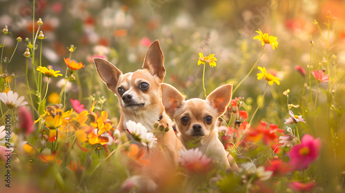 Cinematic photograph of chiuaua dog and baby in a field full of colorful blooming flowers. Mother's Day.