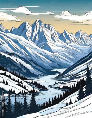 Snowy mountain range surrounded by fir trees. 
