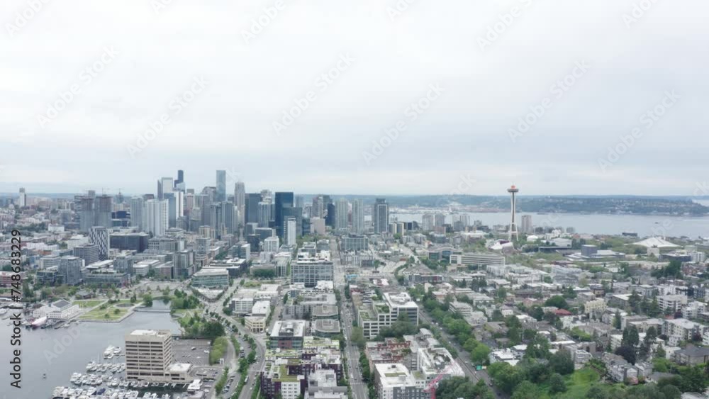 Aerial drone wide shot of Seattle downtown skyline and South Lake Union. Aerial drone wide shot of Seattle downtown skyline and South Lake Union.