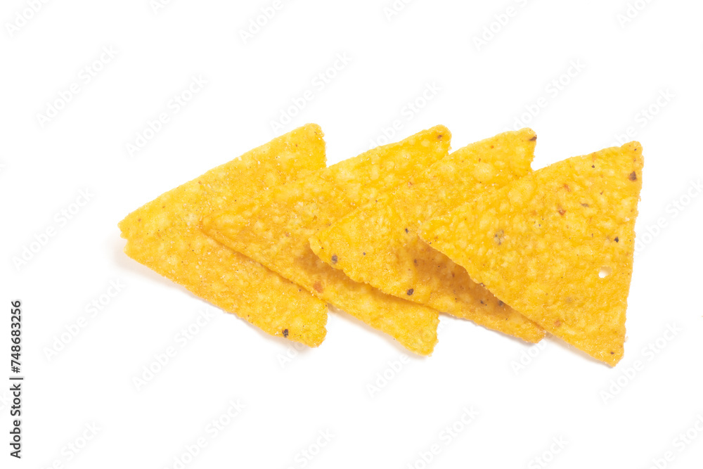 Group of crispy corn tortilla nachos chips isolated on white background clipping path Group of crispy corn tortilla nachos chips isolated on white background clipping path