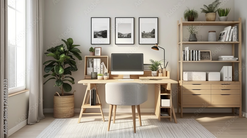 Fototapeta premium Modern and minimalist home office filling with sunlight. Wooden desk with computer monitor, small desk lamp, stationery holders and decorative items.
