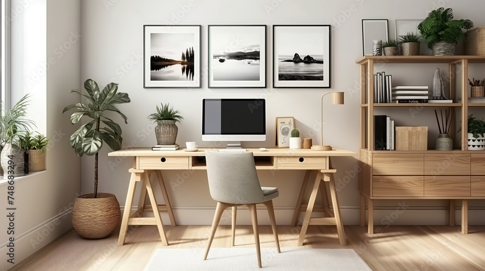 Modern and minimalist home office filling with sunlight. Wooden desk with computer monitor, small desk lamp, decorative items and plants Modern and minimalist home office filling with sunlight. Wooden desk with computer monitor, small desk lamp, decorative items and plants