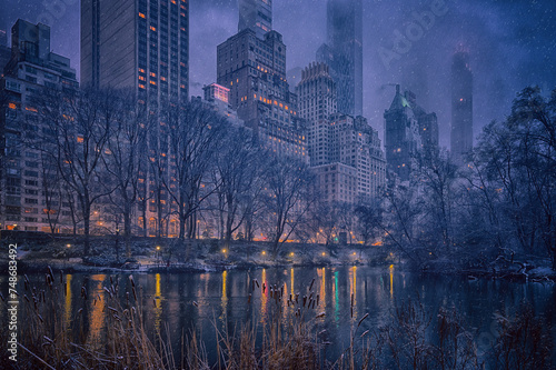 Snowing over W 59th Street and The Pond at Central Park - Green