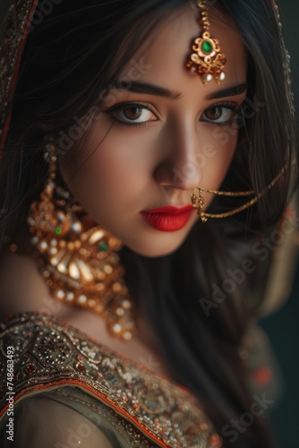 Eye-catching Portrait of an Indian Woman Adorned with Traditional Jewelry. Fictional Character Created By Generated By Generated AI.