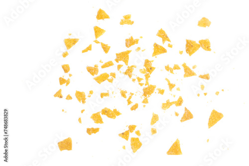 Separated crashed of crispy corn tortilla nachos chips with crumble isolated on white background clipping path