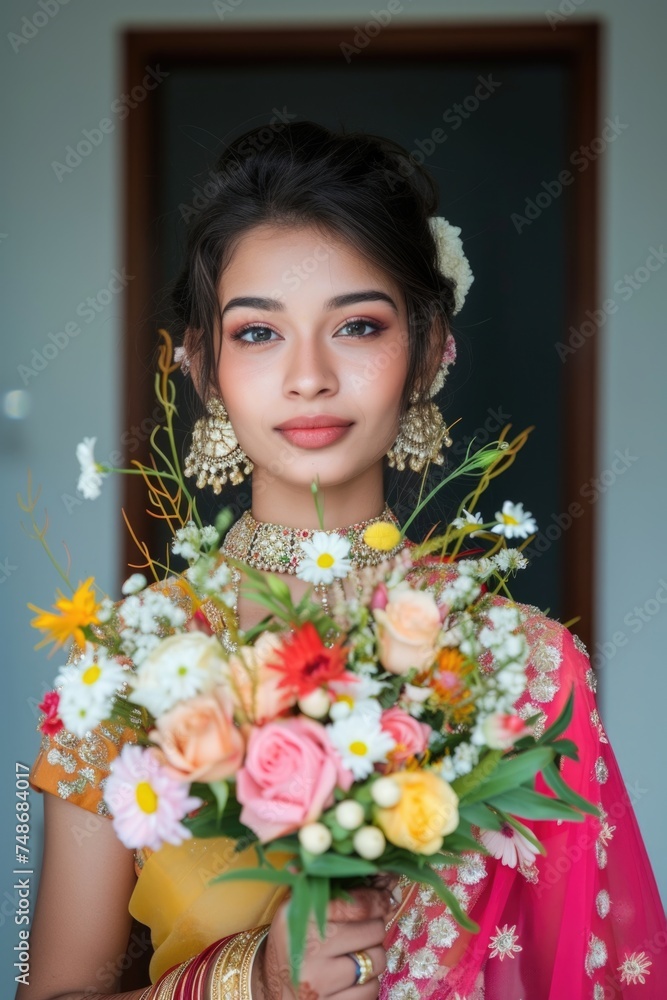 Fototapeta premium Beautiful woman wearing traditional Indian clothing holds a vase of flowers. Fictional Character Created By Generated By Generated AI.