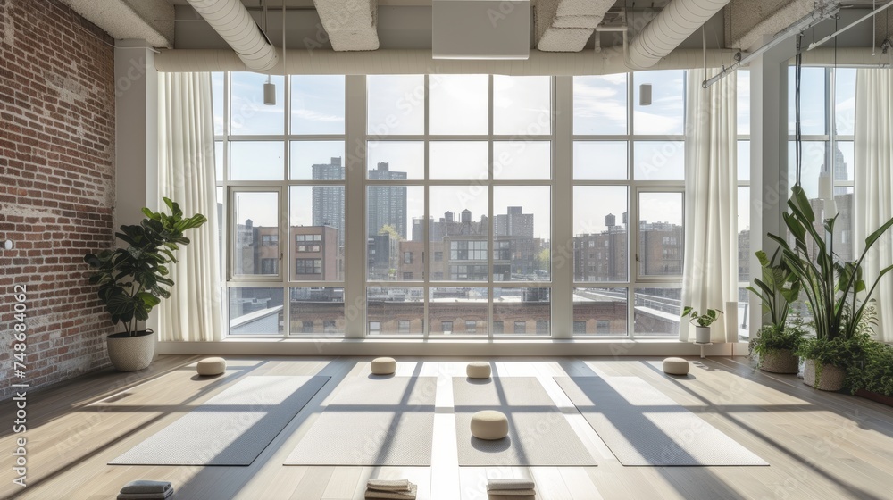 Obraz premium Explore the tranquility of a sun-drenched yoga haven with a modern white gym interior, inviting serenity into the realm of fitness.