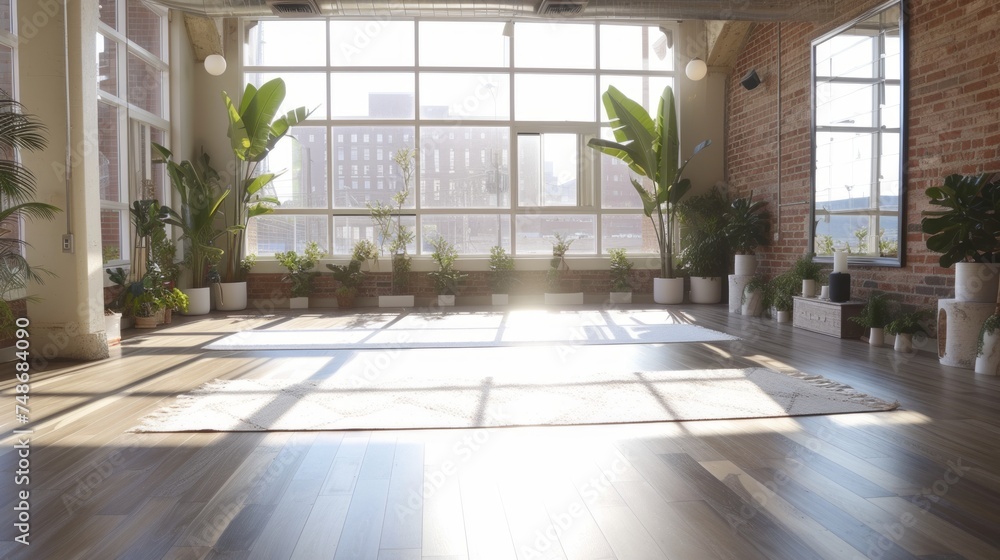 Obraz premium Bask in the sunlight of a yoga haven, surrounded by a modern white gym interior, a perfect blend of tranquility and fitness.