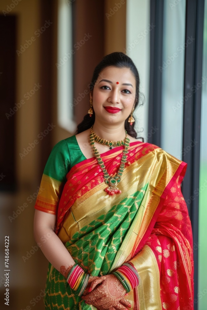 Traditional Indian woman wearing a vibrant orange and yellow saree. Fictional Character Created By Generated By Generated AI.