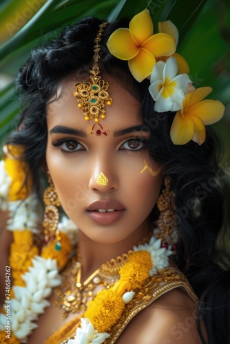 Female Goddess with yellow and gold adornments. Fictional Character Created By Generated By Generated AI.