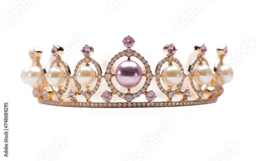 A pearl and diamond tiara glistens under the light, showcasing its intricate design and luxurious materials. The pearls and diamonds are meticulously set in a beautiful arrangement.