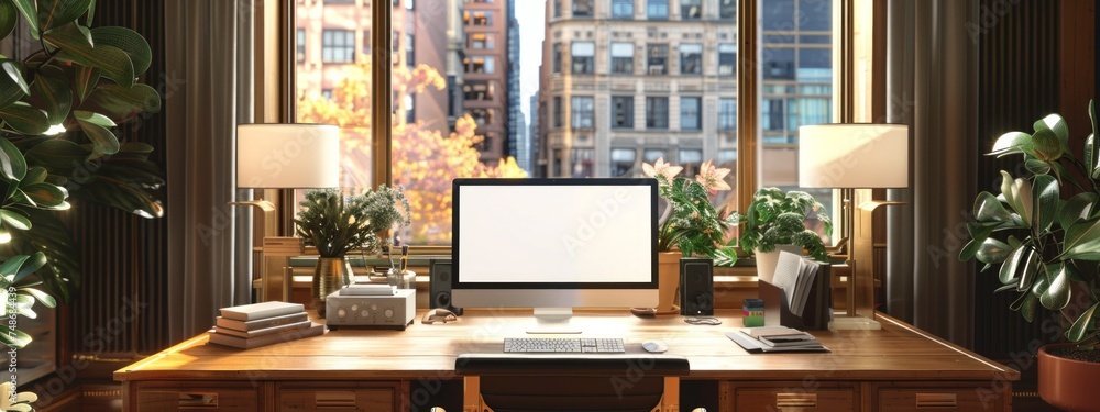 Sunny home office. Desk, modern computer setup with blank monitor screen standing by window. Workspace with various potted plants. Sunny home office. Desk, modern computer setup with blank monitor screen standing by window. Workspace with various potted plants.