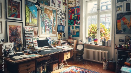 Artistic home office with computer screen, vibrant art, large window.