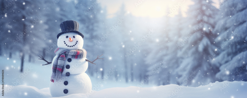 Fototapeta premium Beautiful snowman in fairytale snowy landscape. Wallpaper and background.