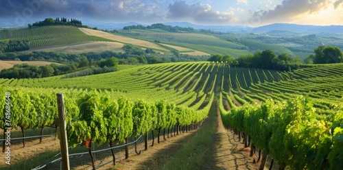 Celebrate the rural beauty of a vineyard landscape, where rows of grapevines gracefully stretch across the scenery, offering a serene and tranquil view.