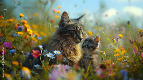 Cinematic photograph of hairy catand baby in a field full of colorful blooming flowers. Mother's Day.