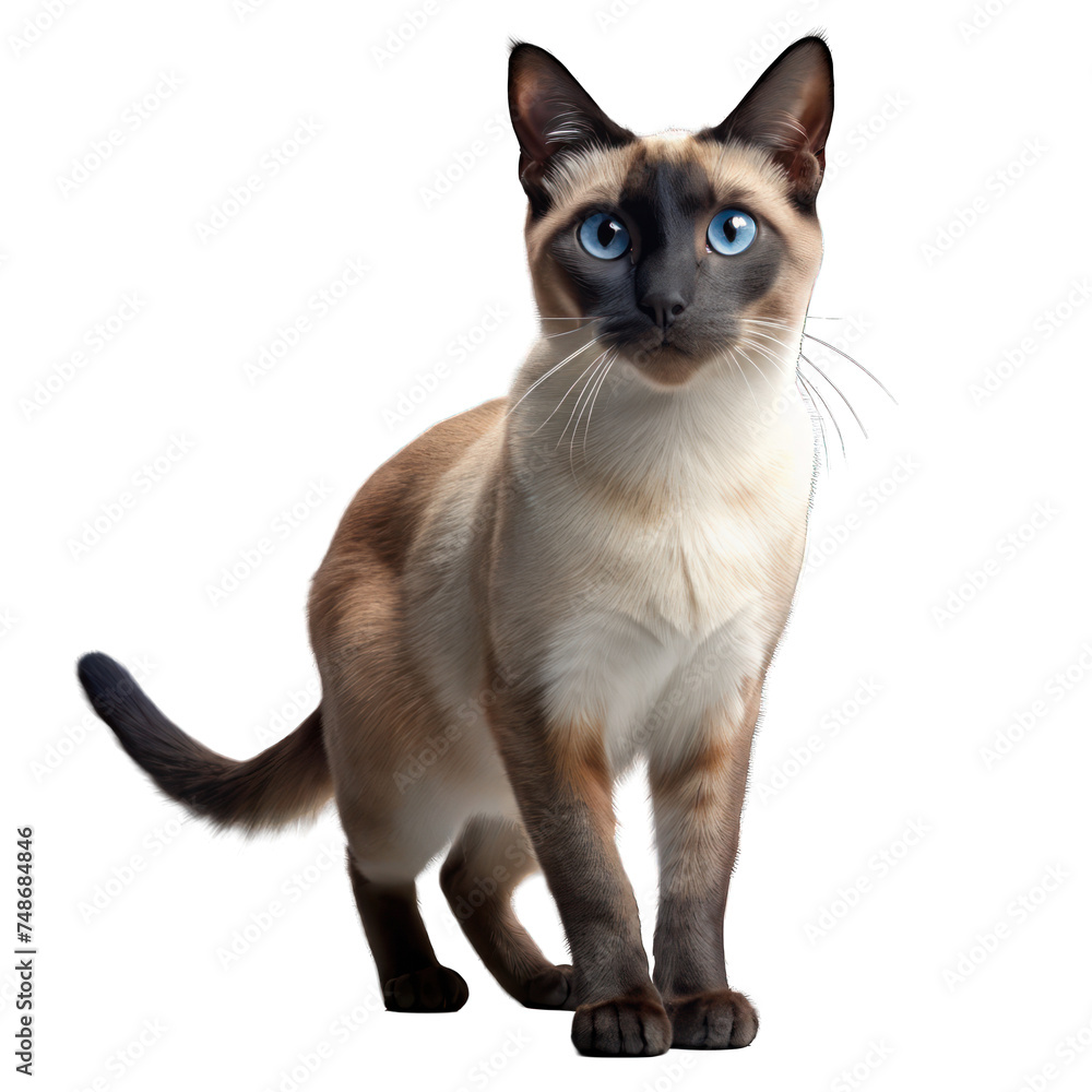 Black and white shorthair cat with blue eyes, isolated on white Siamese kitten, cute and beautiful, sitting in a studio portrait