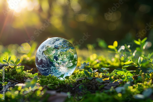  earth day or climate day concept - globe in the grass closeup