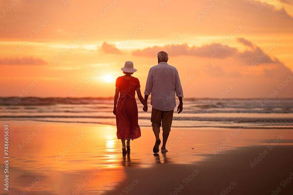Senior couple walks on beach on sunset, back view. AI generative