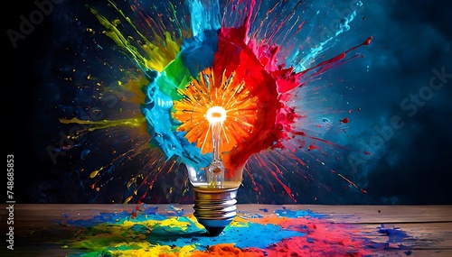 Colourful light bulb explosion in amazing background. 3d rendering ,Generative AI