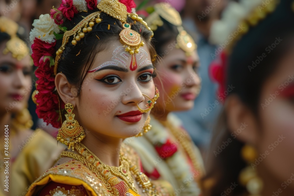 Beautiful Indian Women Adorned with Traditional Makeup and Jewelry. Fictional Character Created By Generated By Generated AI.