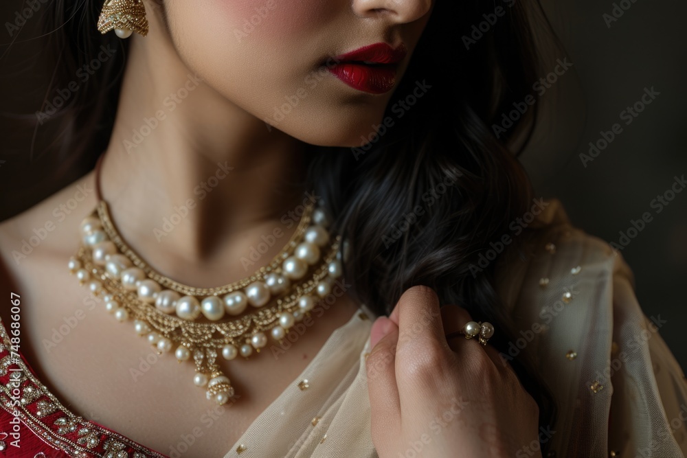 Elegant Indian Woman Adorned with Gold and Pearl Necklace. Fictional Character Created By Generated By Generated AI.