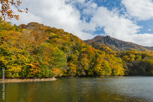日本 青森県西津軽郡深浦町の白神山地西部に位置する湖沼群、十二湖の鶏頭場の池からの崩山の大崩と紅葉