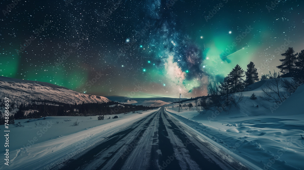 Aurora borealis, Northern lights over road in winter, Northern lights over the road in the mountains. Winter landscape with milky way