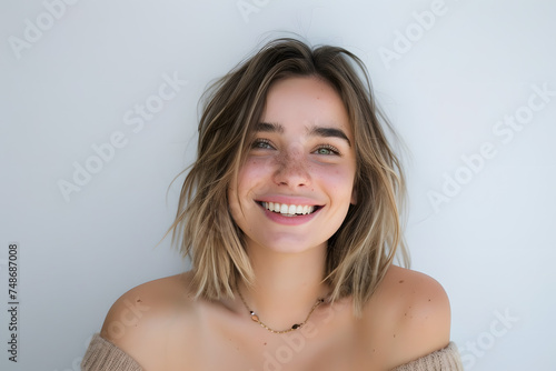 portrait of a young woman posing in front of white background smiling