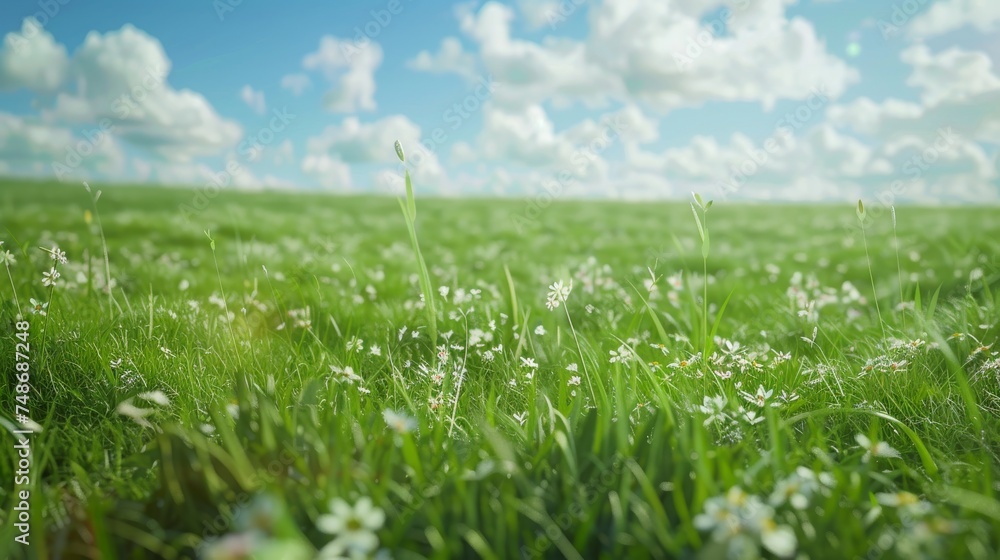 Obraz premium vibrant green meadow bathed in sunlight, dotted with delicate white flowers under a sky of fluffy white clouds