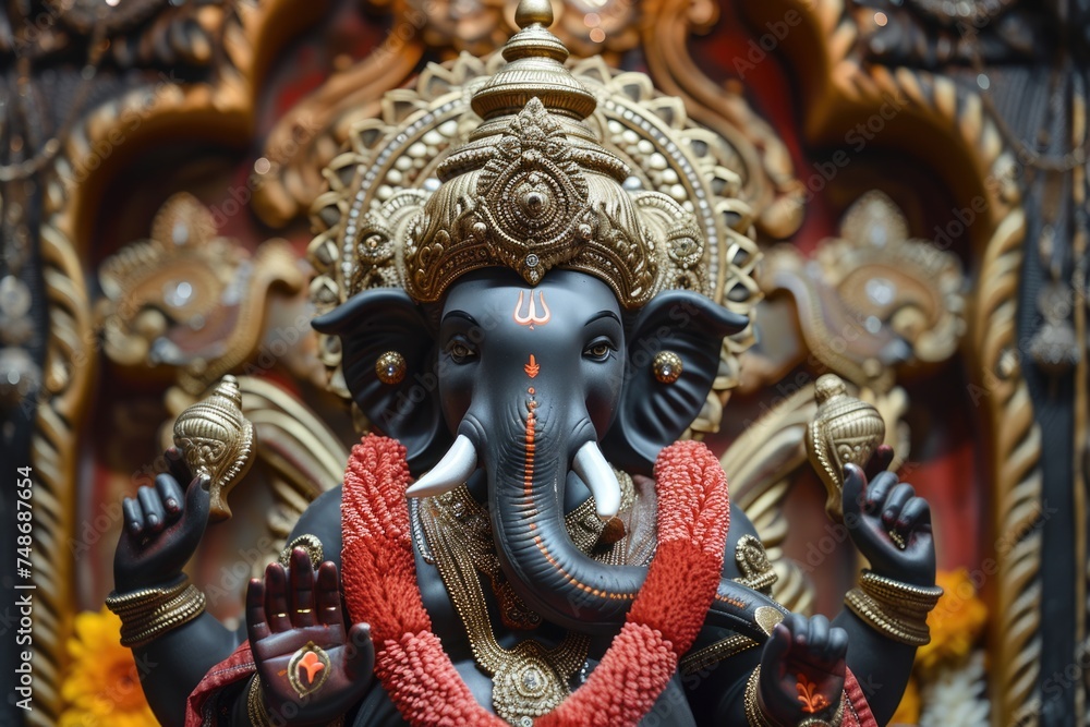 Fototapeta premium Deity of the Goddess Kali, depicted as a Hindu statue or idol, adorned with jewels and a golden crown - 3D. Fictional Character Created By Generated By Generated AI.