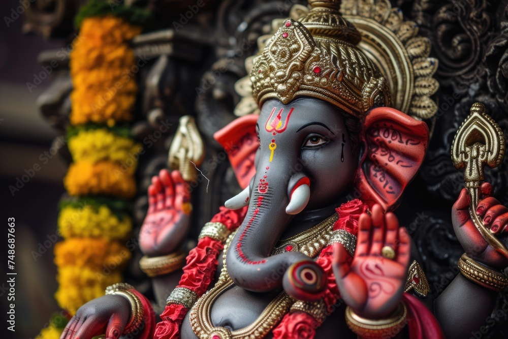 Fototapeta premium Hindu God Ganesha Statue. Fictional Character Created By Generated By Generated AI.