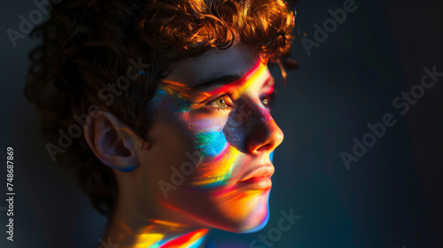 Rainbow Contemplation - Youth with Colourful Light on Face. A contemplative young person's face is illuminated by a rainbow light, reflecting introspection and diversity.
