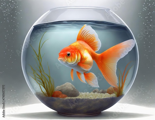 A brightly colored goldfish swims in a round aquarium  its fins fluttering among bubbles and aquatic plants