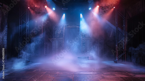 a stage scene with fog and spotlights