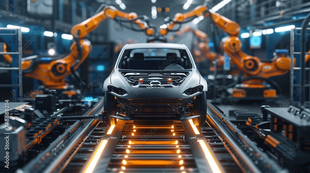 car manufacturer embraces factory digitalization industry: automated robot arm assembly line manufacturing high-tech electric vehicles car manufacturer embraces factory digitalization industry: automated robot arm assembly line manufacturing high-tech electric vehicles