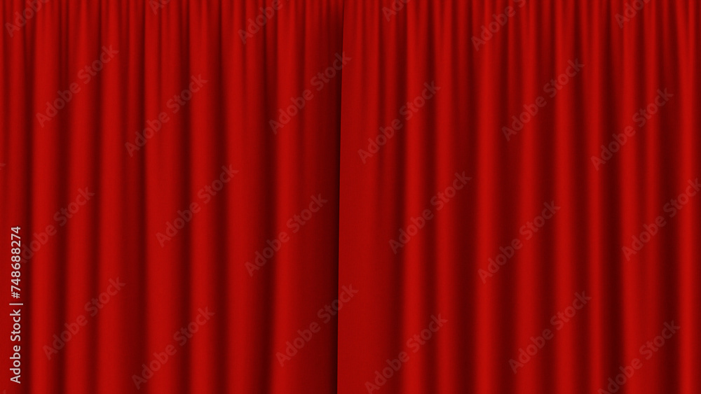 Red closed curtain. Red stage curtain. Theater stage with red velvet curtains. 3d illustration