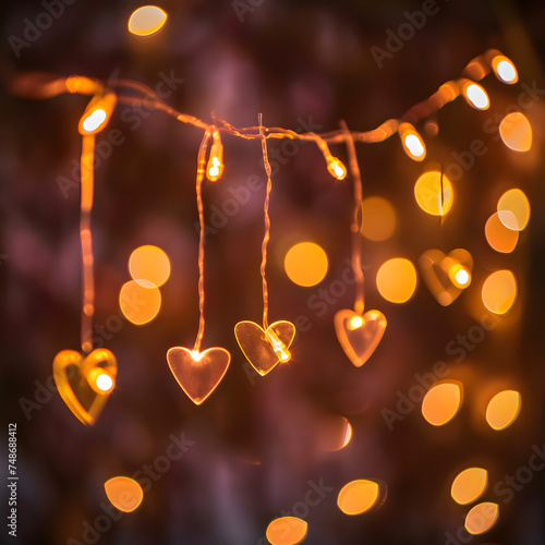 Galand of heart shaped lights with bokeh background. photo