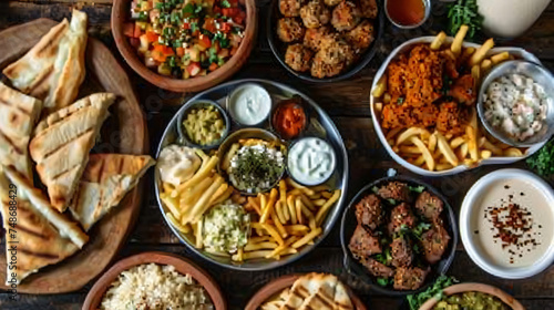 Greek food: fries, pita, chicken, pork gyro meat.