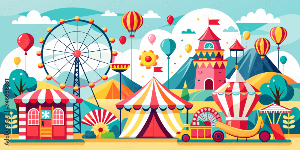 Whimsical Summer Carnival Vector Illustration, Circus vector art Whimsical Summer Carnival Vector Illustration, Circus vector art
