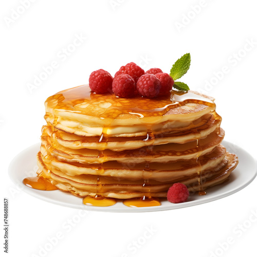 Stack of pancakes with maple syrup on transparent background