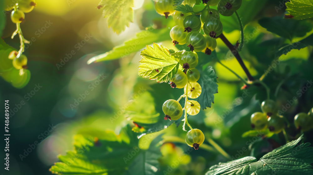 Green blackcurrant berries (Ribes nigrum) ripening. - obrazy, fototapety, plakaty 