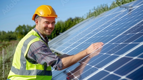 professional engineer worker examining solar panel system installation outdoors © CinimaticWorks