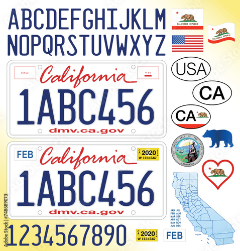 California state car license plate pattern, letters, numbers and symbols, vector illustration, United States of America